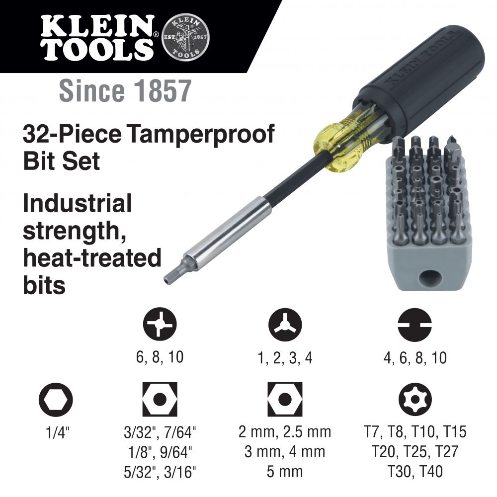 Klein Tools Magnetic Screwdriver with 32 Piece Tamperproof Bit Set from GME Supply