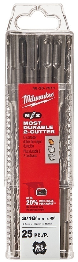 Milwaukee M/2 2 Cutter SDS-Plus 3/16 Inch Rotary Hammer Drill Bit (25 Pack)