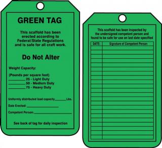 Accuform Scaffold Status 'Green' Safety Tag