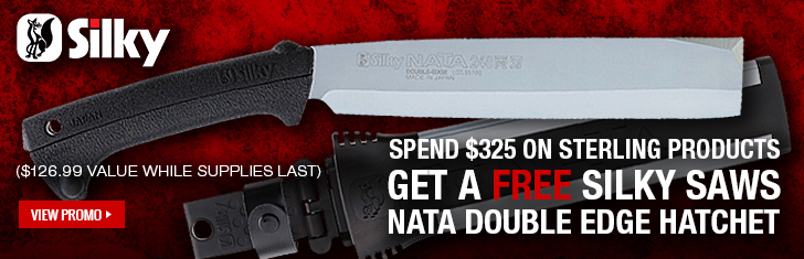  Get a FREE Silky Saws NATA Double Edge Hatchet with a $325 purchase of Sterling Rope products while Supplies Last!
