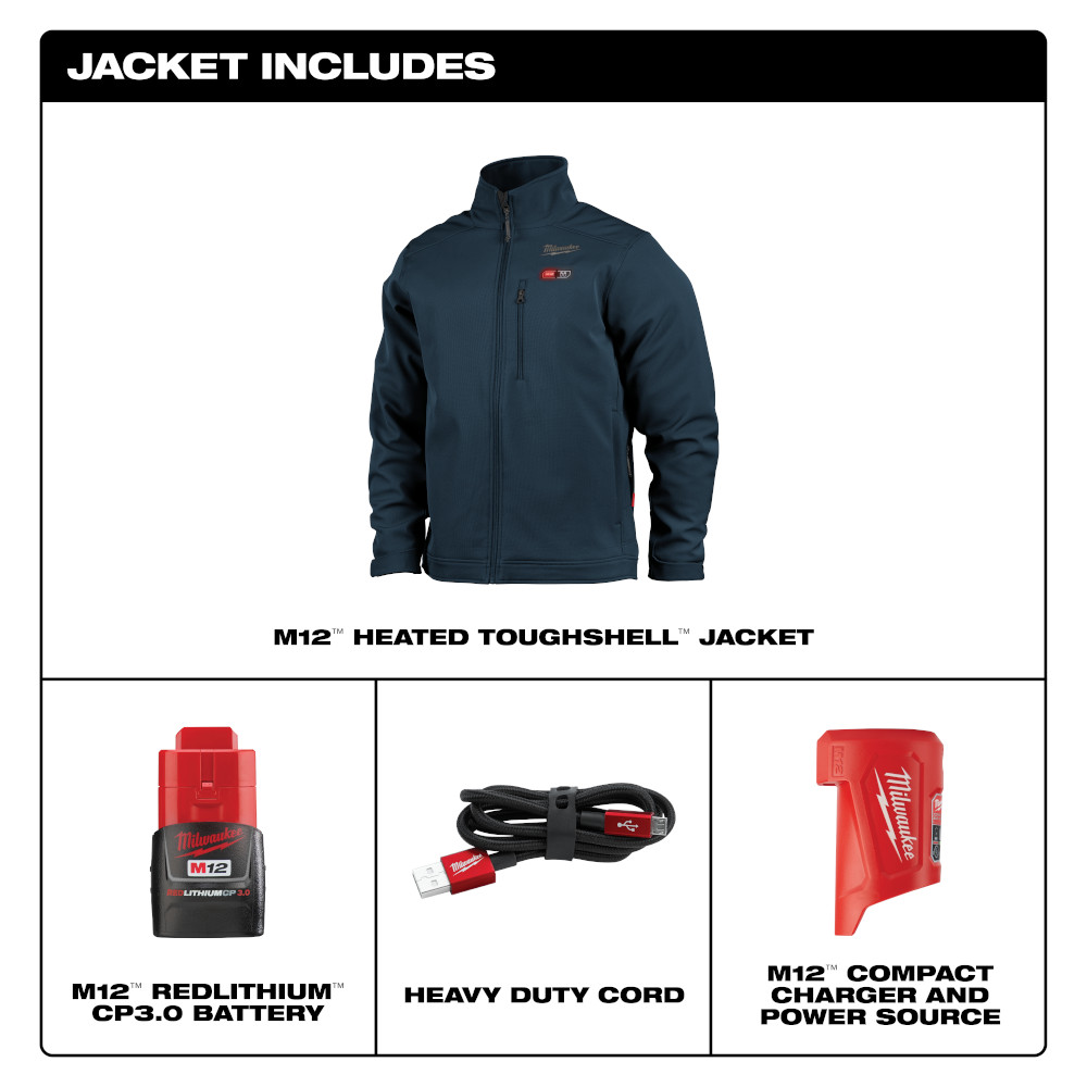 Milwaukee M12 Navy Blue Heated TOUGHSHELL Jacket Kit GME Supply