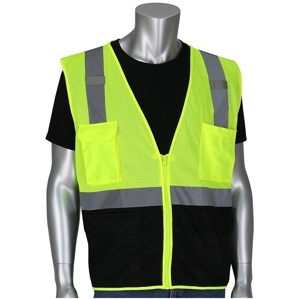 PIP ANSI Type R Class 2 Lime Hi-Vis 5 Pocket Mesh Vest with Black Bottom Front from GME Supply