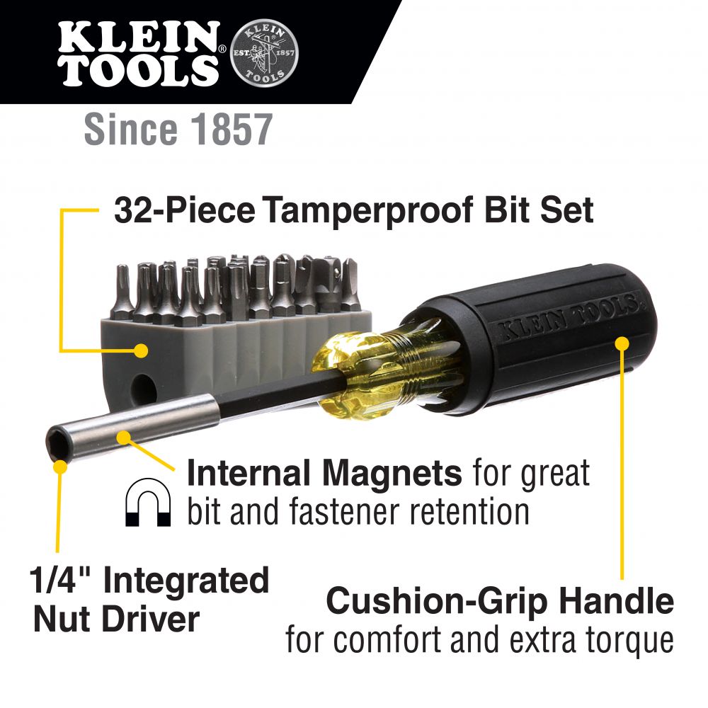 Klein Tools Magnetic Screwdriver with 32 Piece Tamperproof Bit Set from GME Supply