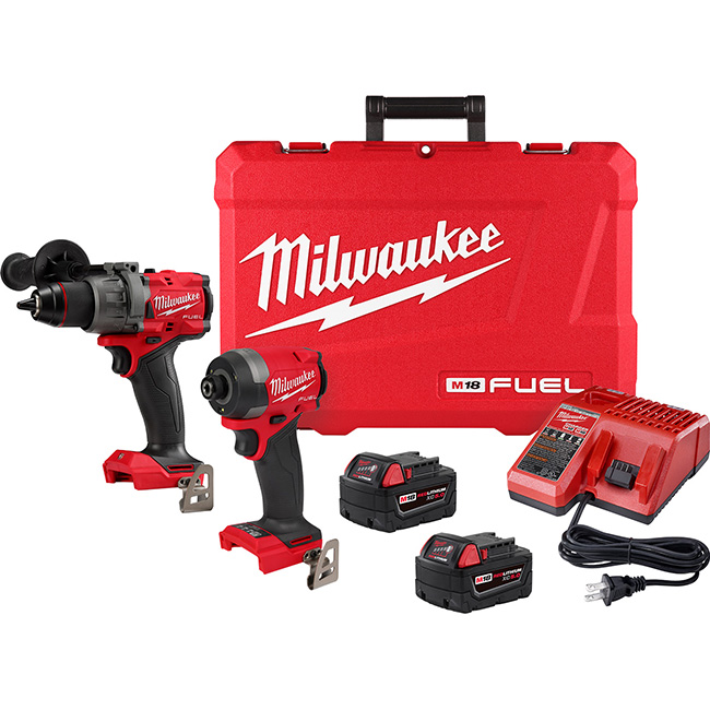 The Milwaukee M18 FUEL 2-Tool Combo Kit has the a hammer drill with  AutoStop Control Mode for enhanced safety and the Fastest Driving Impact Driver. from GME Supply