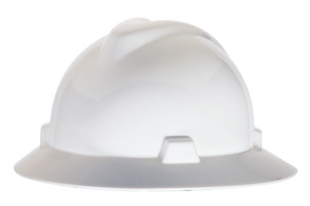 MSA V-Gard Protective Full Brim Hard Hat w/Fas-Trac Ratchet Suspension-White from GME Supply