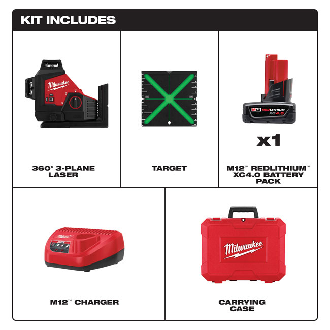 Milwaukee M12 Green 360° 3-Plane Laser Kit from GME Supply