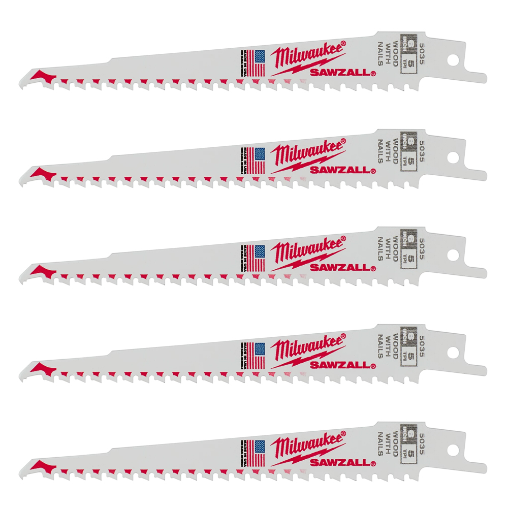Milwaukee 6 inch 5 TPI Wood with Nails SAWZALL Blade (5 Pack) from GME Supply