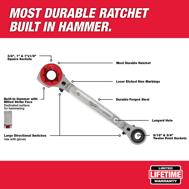 Milwaukee Lineman's 5in1 Ratcheting Wrench with Milled Face from GME Supply