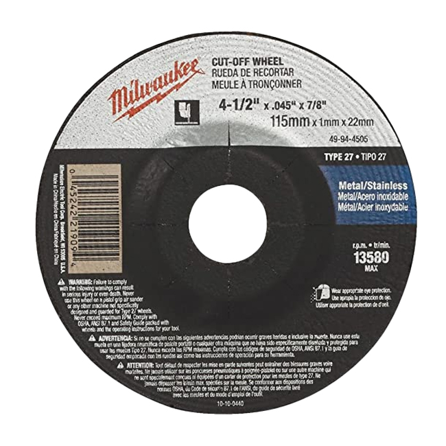 Milwaukee 4-1/2 inch x .045 inch x 7/8 inch Cut-Off Wheel Type 27 from GME Supply