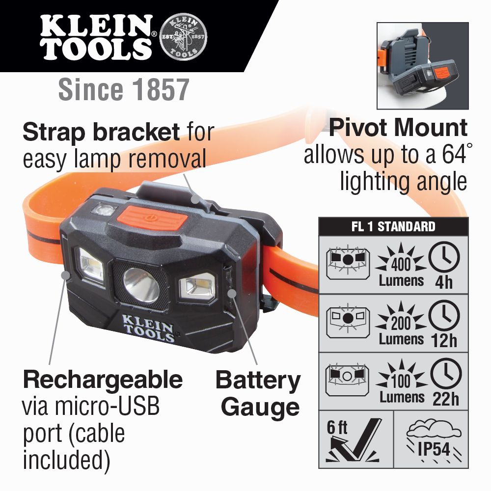 Klein Tools 400 Lumen Rechargeable Headlamp with Silicone Strap from GME Supply