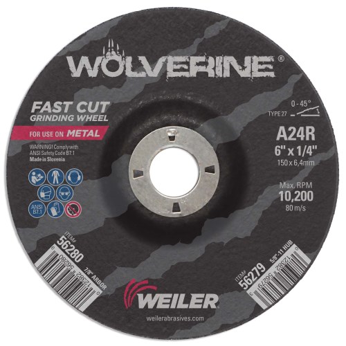 Weiler Wolverine Type 27 Grinding Wheel 6-Inch x 1/4-Inch A24R from GME Supply
