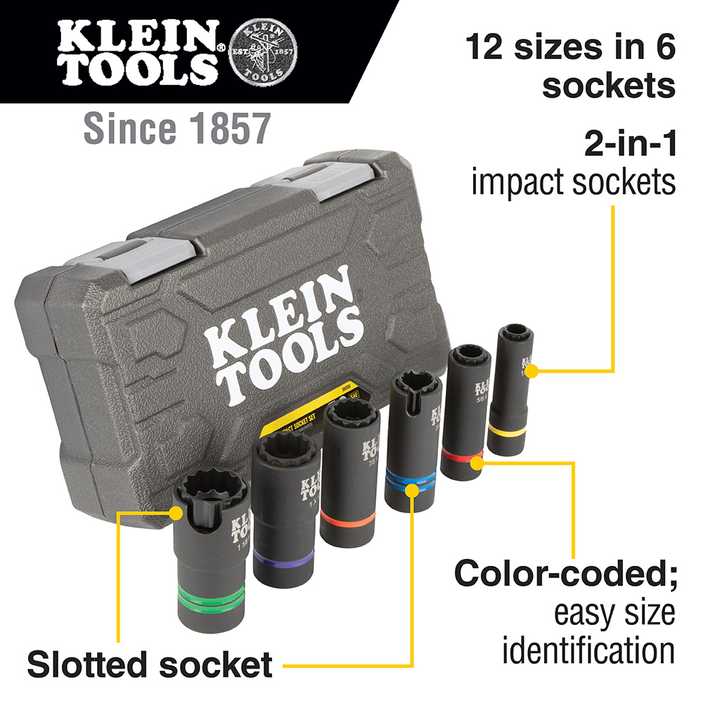 Klein Tools 2-In-1 Slotted Impact Socket Set, 12-Point, 6