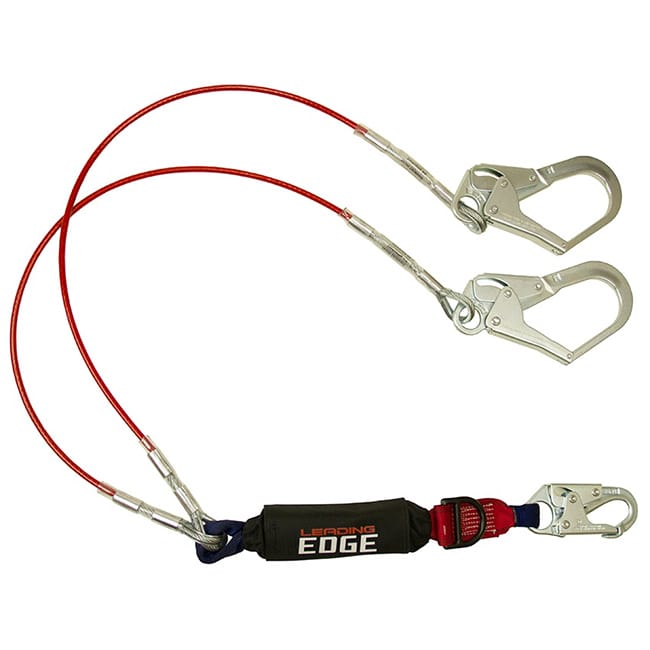 FallTech Leading Edge Twin Leg Lanyard with Rebar Hooks and DRing
