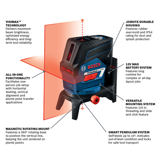 Bosch 12V Max Connected Cross-Line Laser with Plumb Points |GCL100-80C from GME Supply