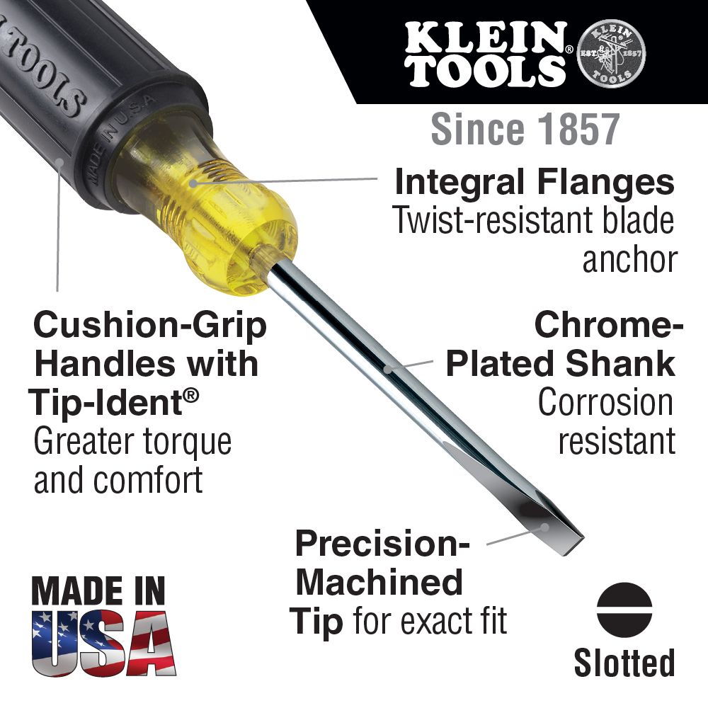 Klein Tools 1/4 Inch Cabinet Tip Screwdriver with 4 Inch Round Shank from GME Supply