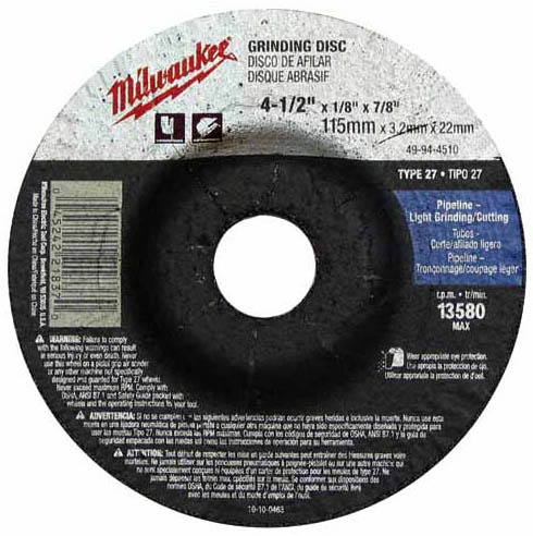 The Milwaukee 4-1/2 x 1/4 x 7/8 Inch Grinding Wheel Type 27 has been tested for balance to provide smooth, vibration free grinding and cutting. from GME Supply