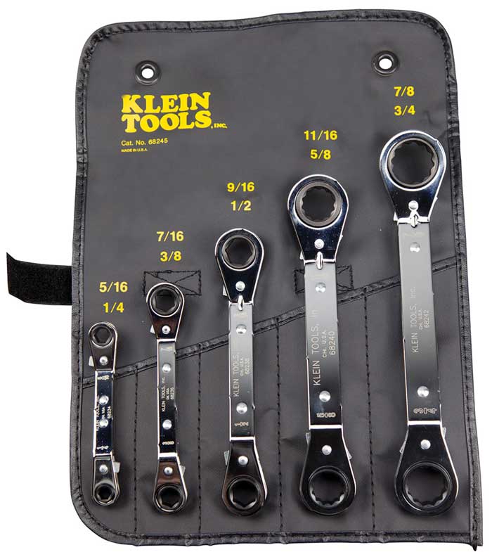 68245, Klein Reversible Ratcheting Offset Box Wrench Set, 5-pc. with Pouch from GME Supply