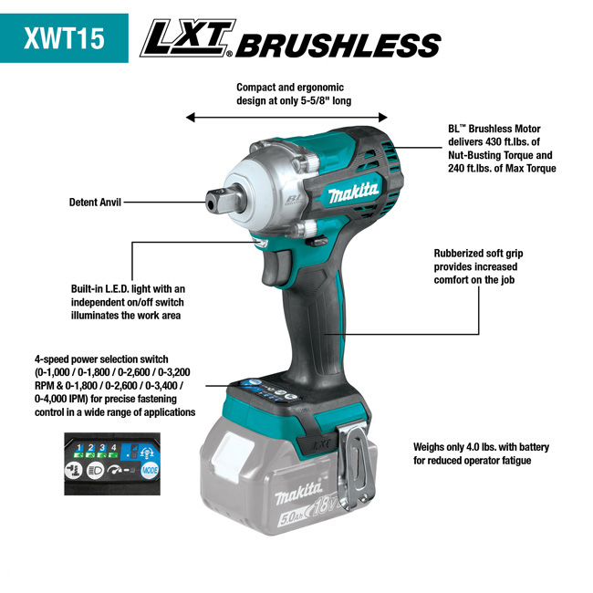 Makita 18V LXT Lithium-Ion Brushless Cordless 4-Speed 1/2 Inch Square Drive Impact Wrench with Detent Anvil (Bare Tool) from GME Supply