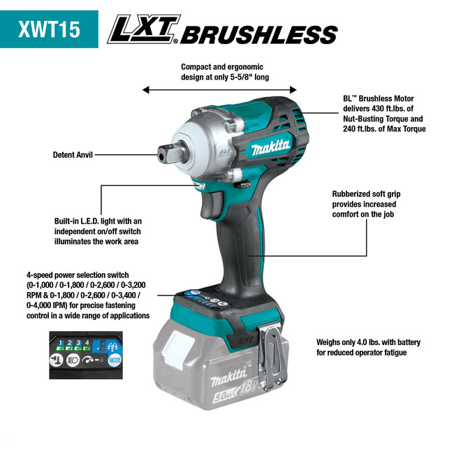 1/2 Inch Cordless Impact Wrench 18V Lithium Ion (Tool Body Only