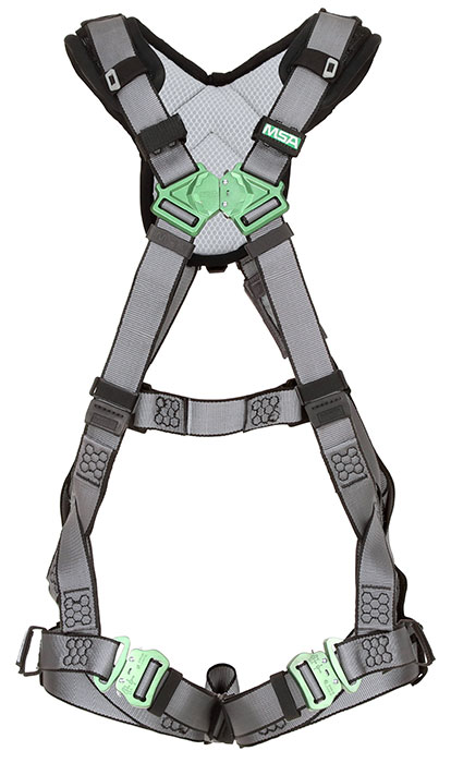 msa v fit harness, back d ring, quick connect leg straps, shoulder padding buckingham ergovationâ® h style retro
