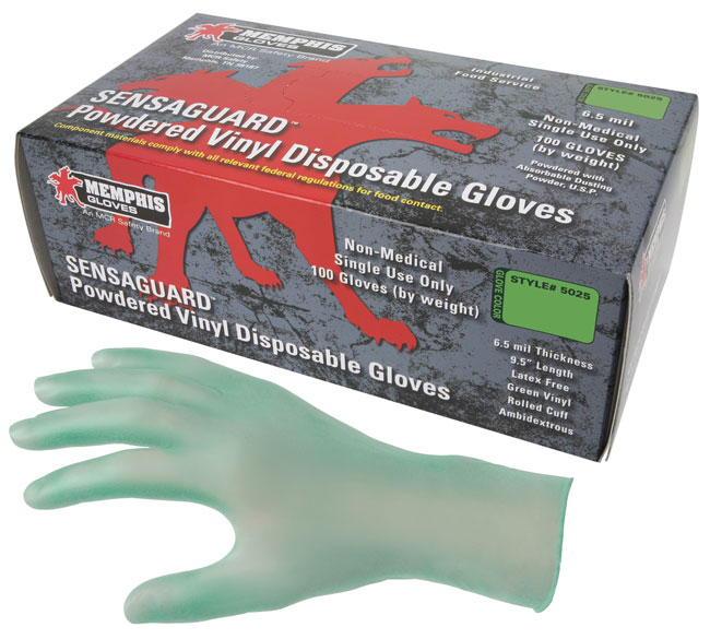 MCR Safety 5025 Sensaguard Disposable Vinyl Industrial Grade Gloves - 6.5 Mil - Powdered - Green from GME Supply