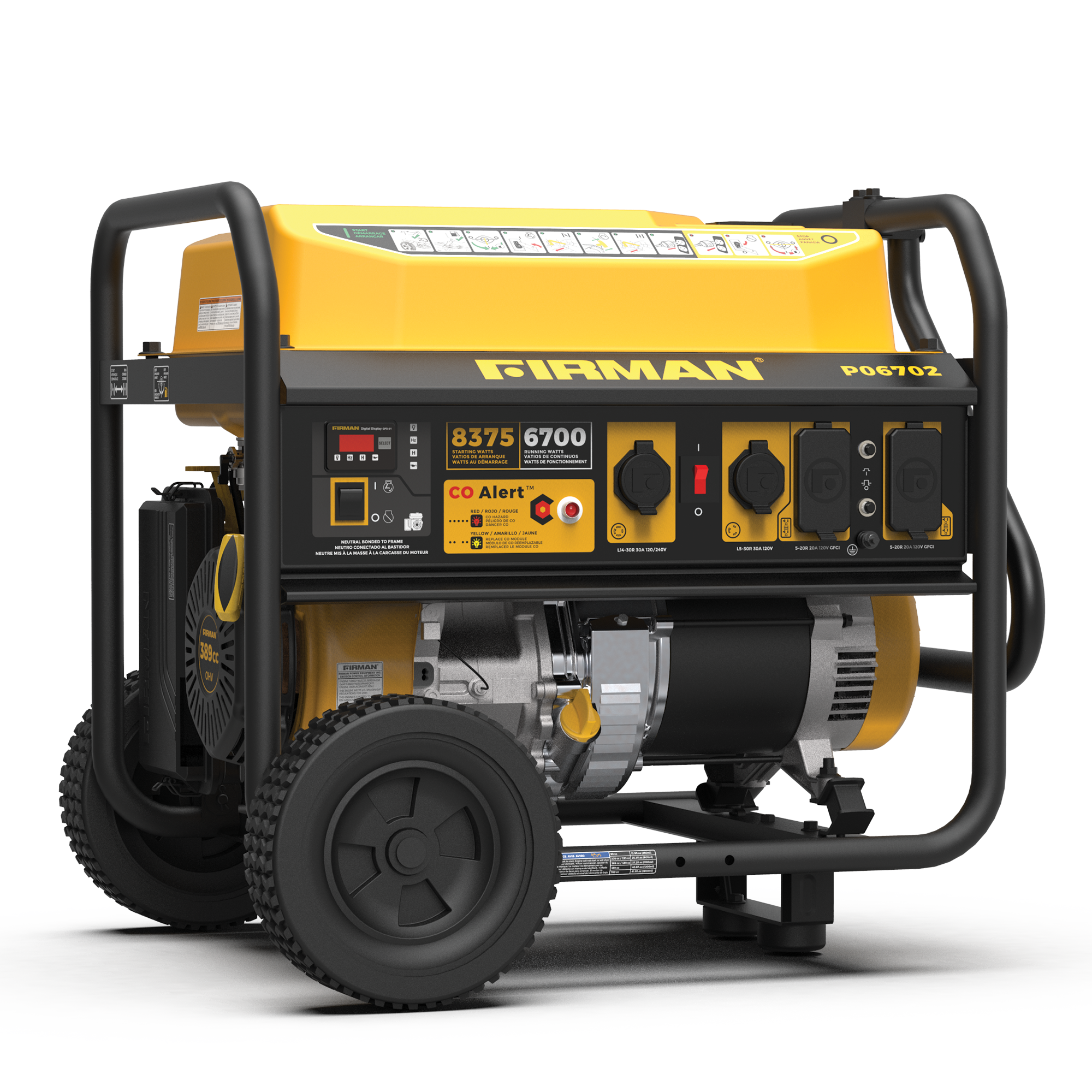 Firman Gas Portable Generator 8350/6700W Recoil Start 120/240V Wheel Kit & Bonus Cover CO Alert 49 ST CAN from GME Supply