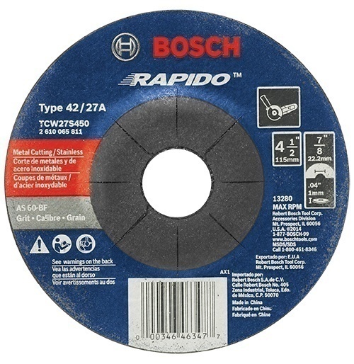 Bosch 4-1/2 Inch 60 Grit Rapido Arbor Type 27A Metal Cutting Abrasive Wheel from GME Supply