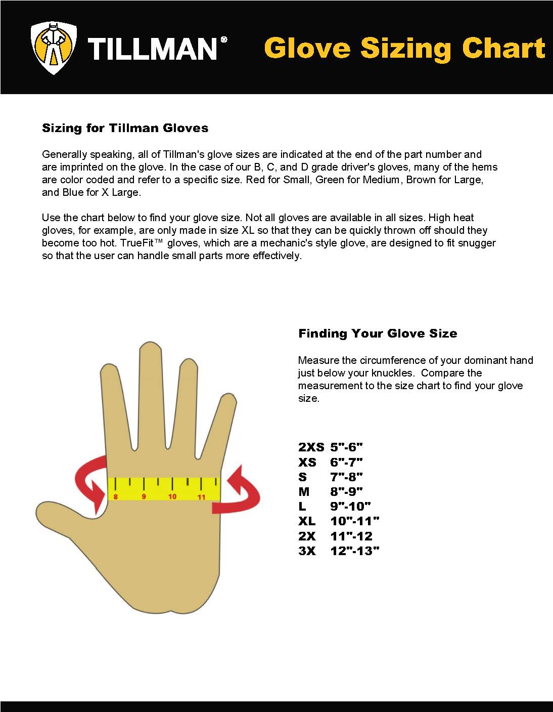 Tillman 1485 Truefit Insulated Gloves Sizing Chart from GME Supply