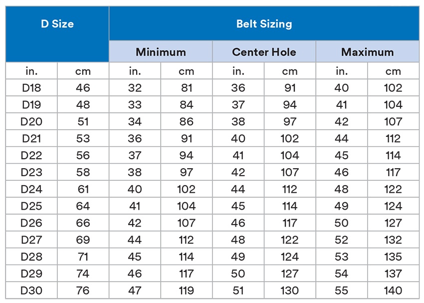 Buckingham Climbing Belt Size Chart